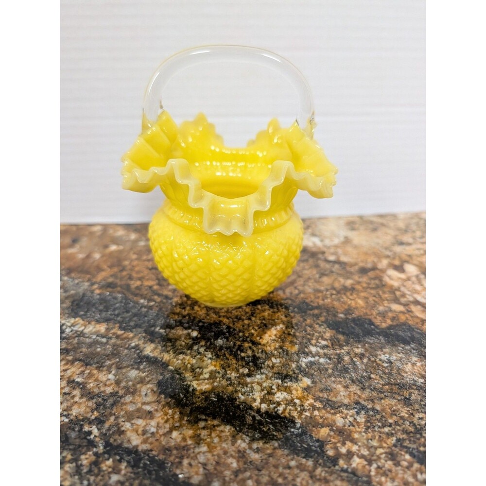 Yellow Victorian Hand Blown Glass Basket With Handle MCM Beautiful